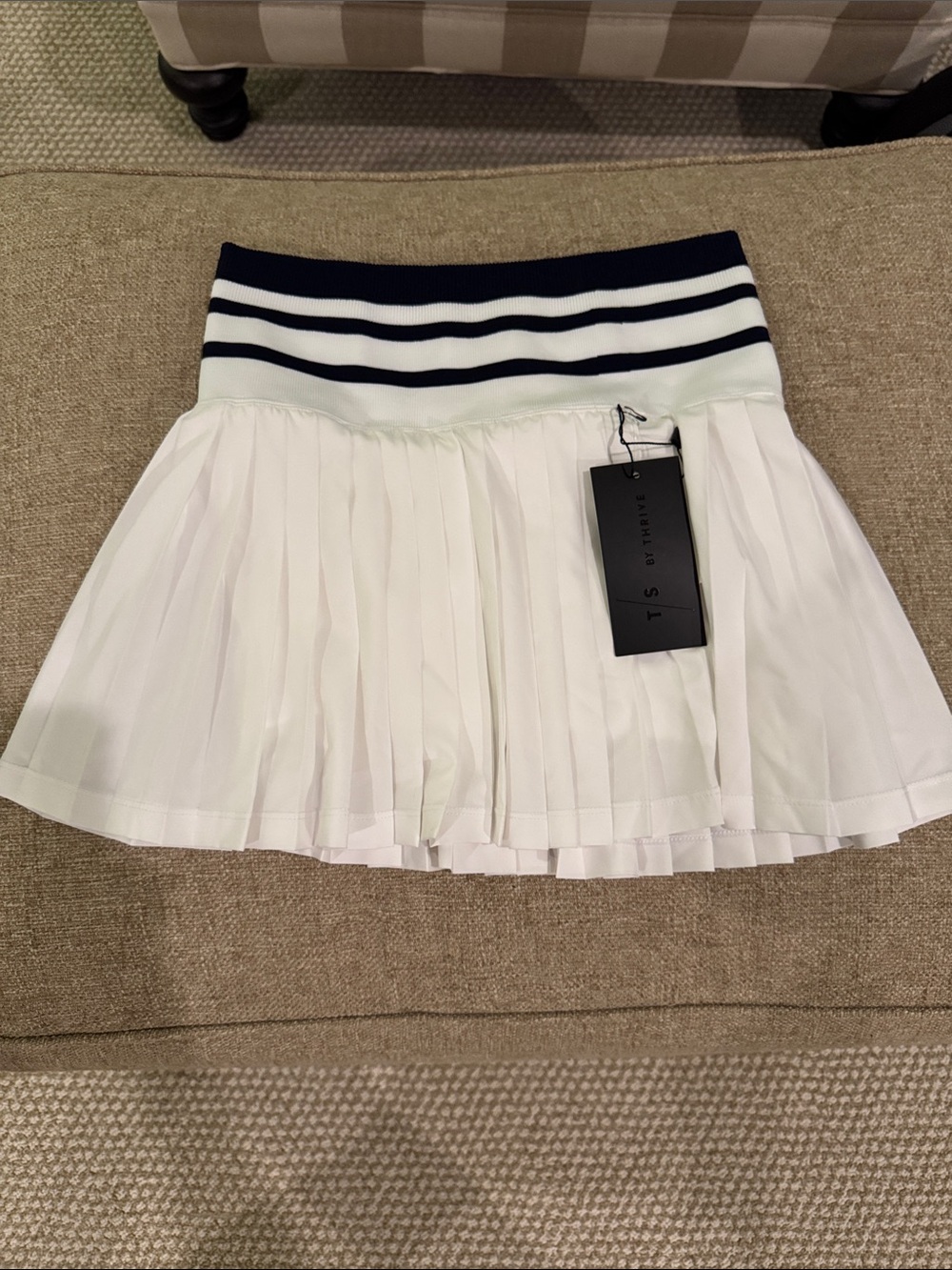 TS by Thrive White Pleated Tennis Skirt with Navy Stripe Waistband - XS - NWT